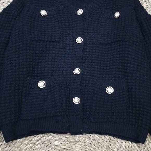 Navy Chunky Knit Double Breasted Silver Button Crop Cardigan - Picture 3 of 4